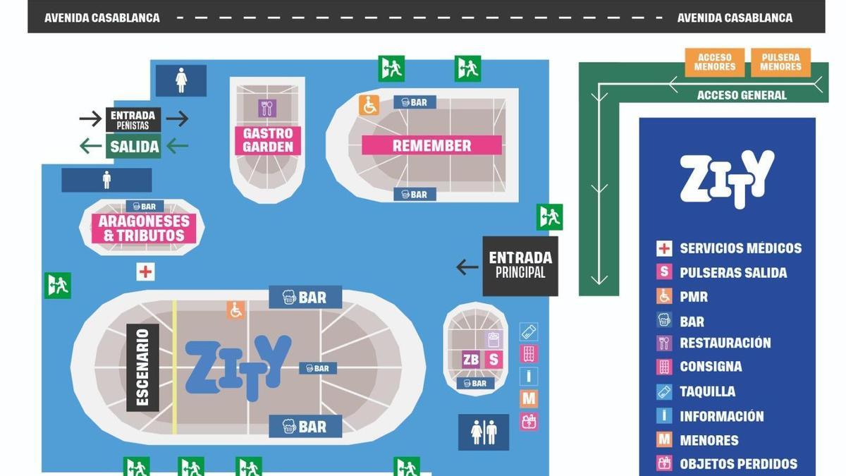 Plano del Espacio Zity con sus accesos y los distintos espacios durante las fiestas del Pilar 2022.