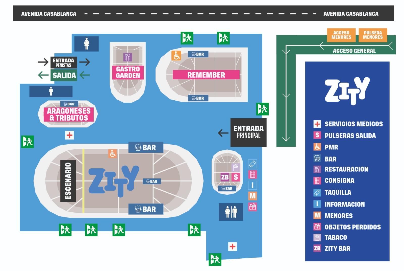 Plano del Espacio Zity con sus distintos espacios durante las fiestas del Pilar 2022.