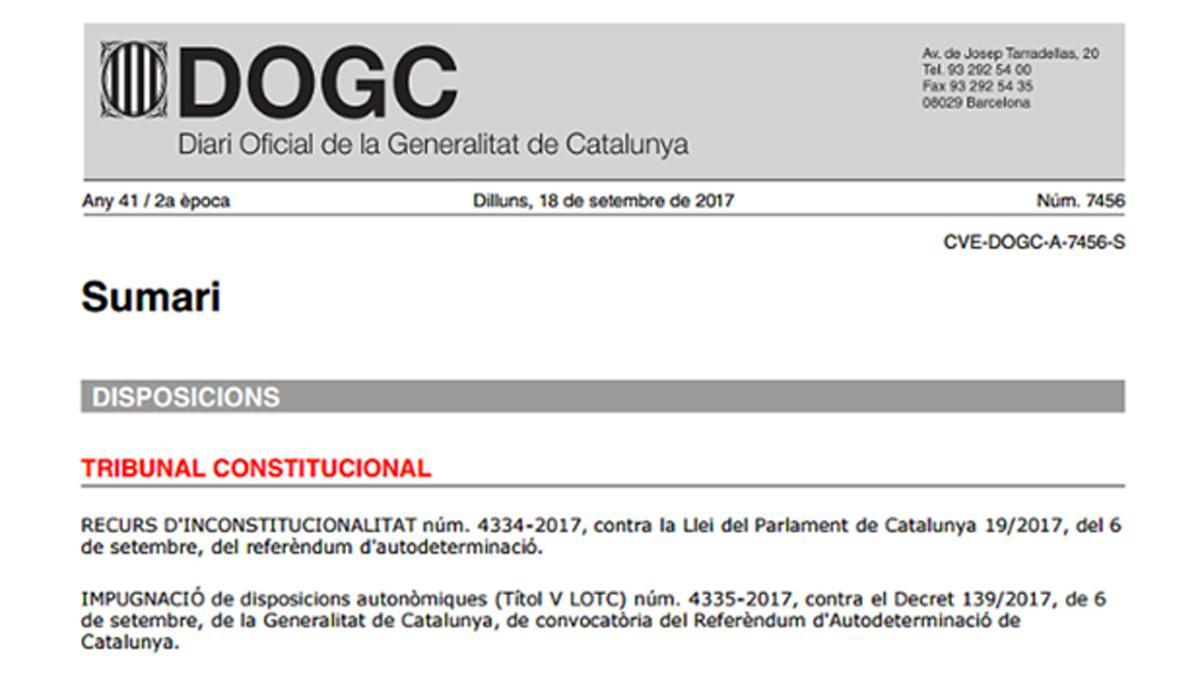 Imatge de la publicació de la suspensió de la llei del referèndum al DOGC d’aquest dilluns
