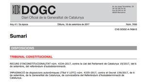 Imatge de la publicació de la suspensió de la llei del referèndum al DOGC d’aquest dilluns