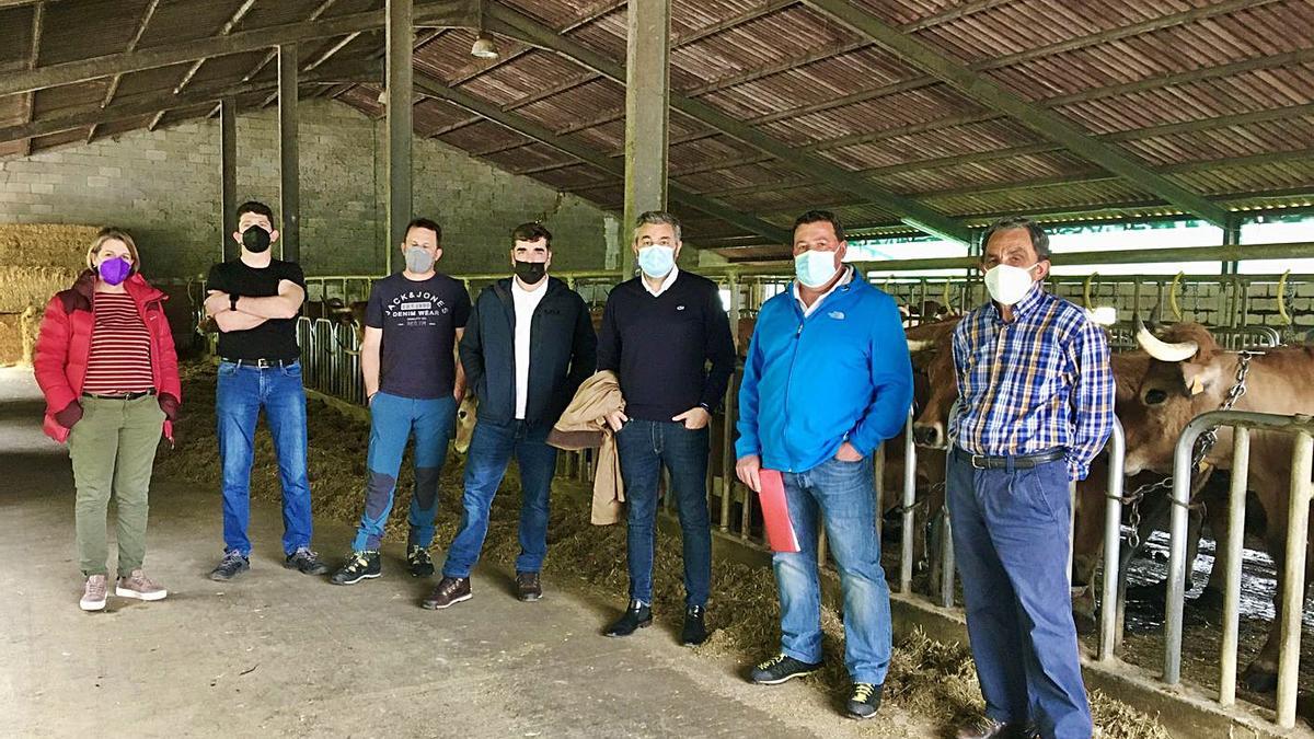 Los dirigentes regionales, junto a algunos ganaderos durante la visita a Libardón, ayer. | LNE