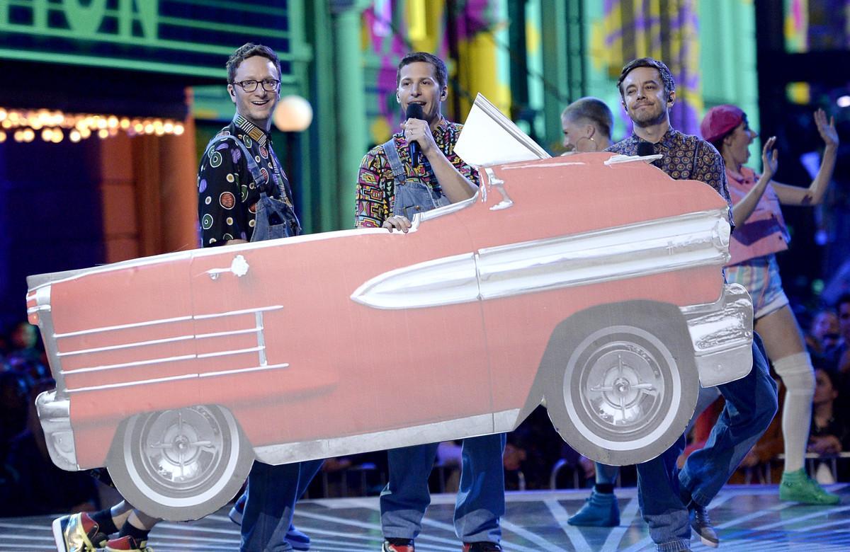 Akiva Schaffer, from left, Andy Samberg and Jorma Taccone, of Lonely Island, perform a tribute to generation award winner Will Smith at the MTV Movie Awards at Warner Bros. Studio on Saturday, April 9, 2016, in Burbank, Calif. (Kevork Djansezian/Pool Photo via AP)