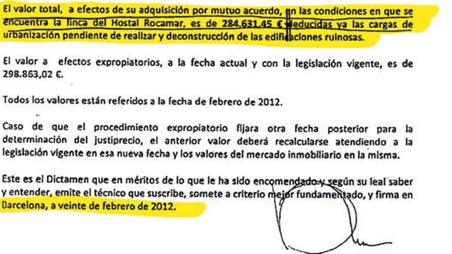 Extracto del dictamen urbanístico de valoración emitido por el perito Nebreda, y del cual la conselleria de Turismo obvia las conclusiones y el resto del contenido, y se queda solo con el precio atribuido al suelo.