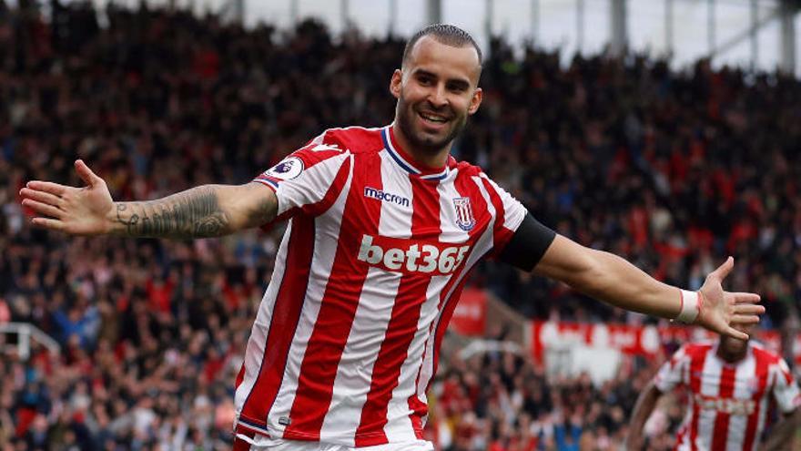 Jesé celebra el gol que dio el triunfo a su equipo, el Stoke, sobre el Arsenal.