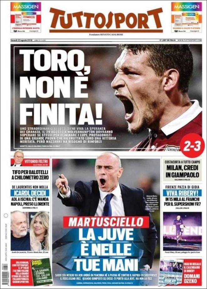 Portada de Tuttosport del 23 del agosto de 2019