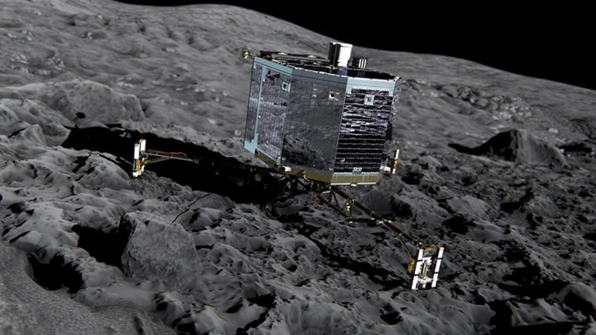 Recreación del aterrizaje de la sonda 'Rosetta' en un cometa facilitada por la Agencia Espacial Europea.