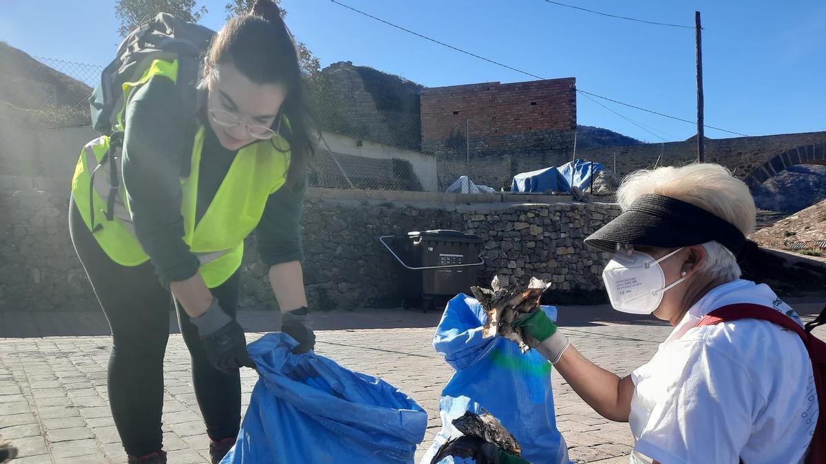 Recogen los residuos que han aparecido en la zona afectada de Bejís después de que el fuego destruyera la vegetación y dejara los residuos a la vista.