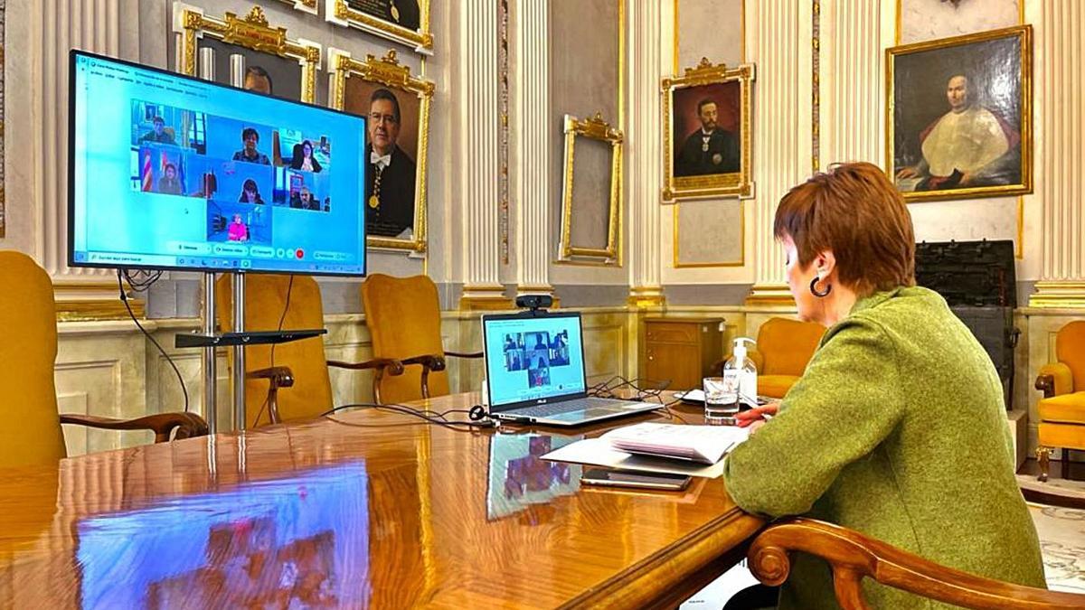 La rectora de la UV, Mavi Mestre, durante la reunión telemática, ayer. | LEVANTE-EMV