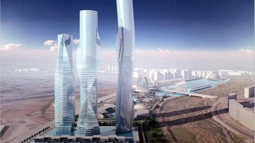 Las tres torres proyectadas por Calatrava junto a la Ciudad de las Artes, en una recreación.