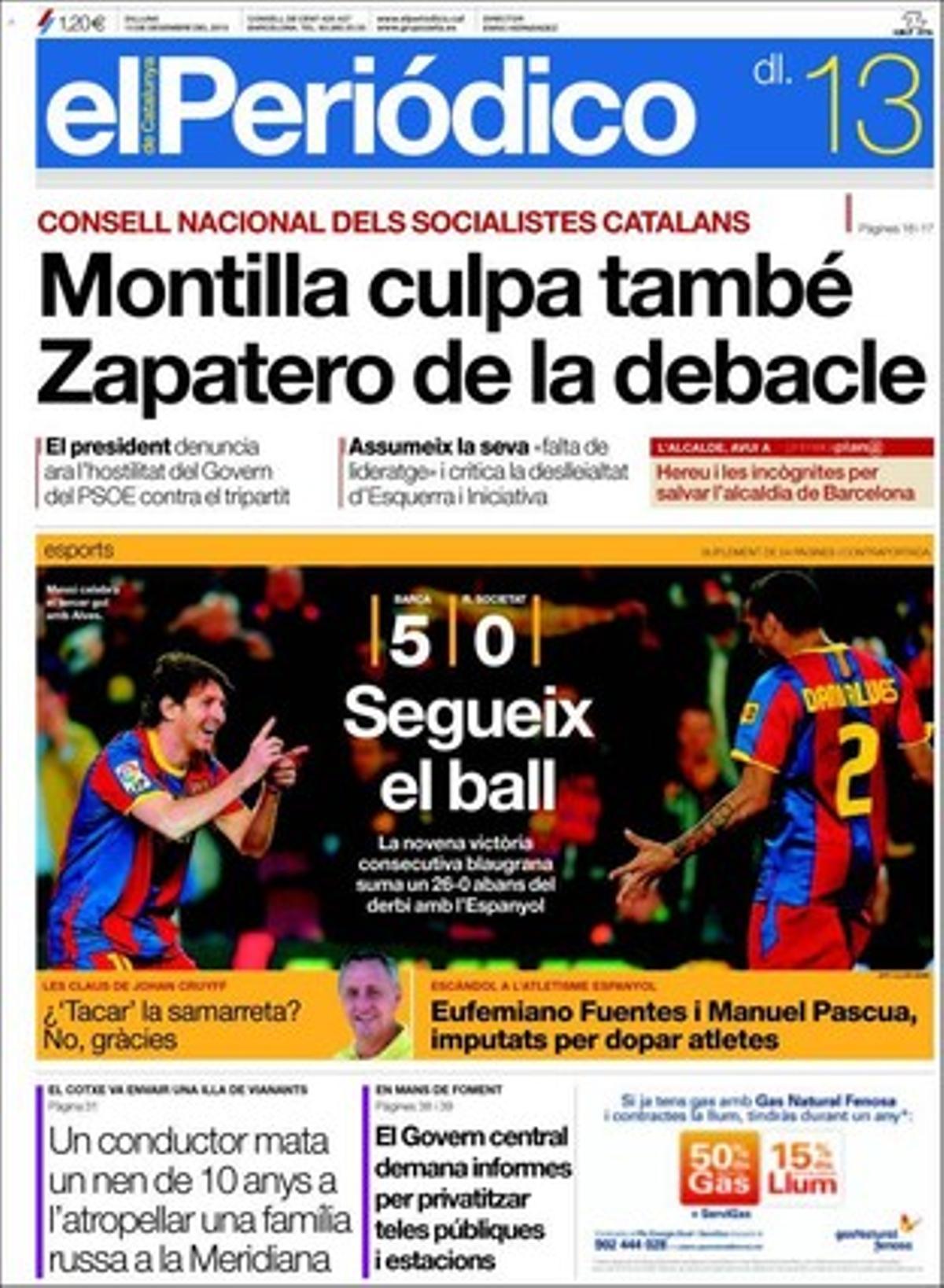 EL PERIÓDICO també destaca a dins l’anàlisi de la ciberguerra que ve després de les filtracions de {Wikileaks}, que el món laboral reclama una millor expressió oral dels escolars, que la plaça de Lesseps aixeca queixes al cap d’un any i mig d’haver-se inaugurat, i que dues biografies aborden la faceta d’editora de Jackie Kennedy. Les claus de Johan Cruyff i l’èxit del Barça encapçalen la {informació} esportiva.