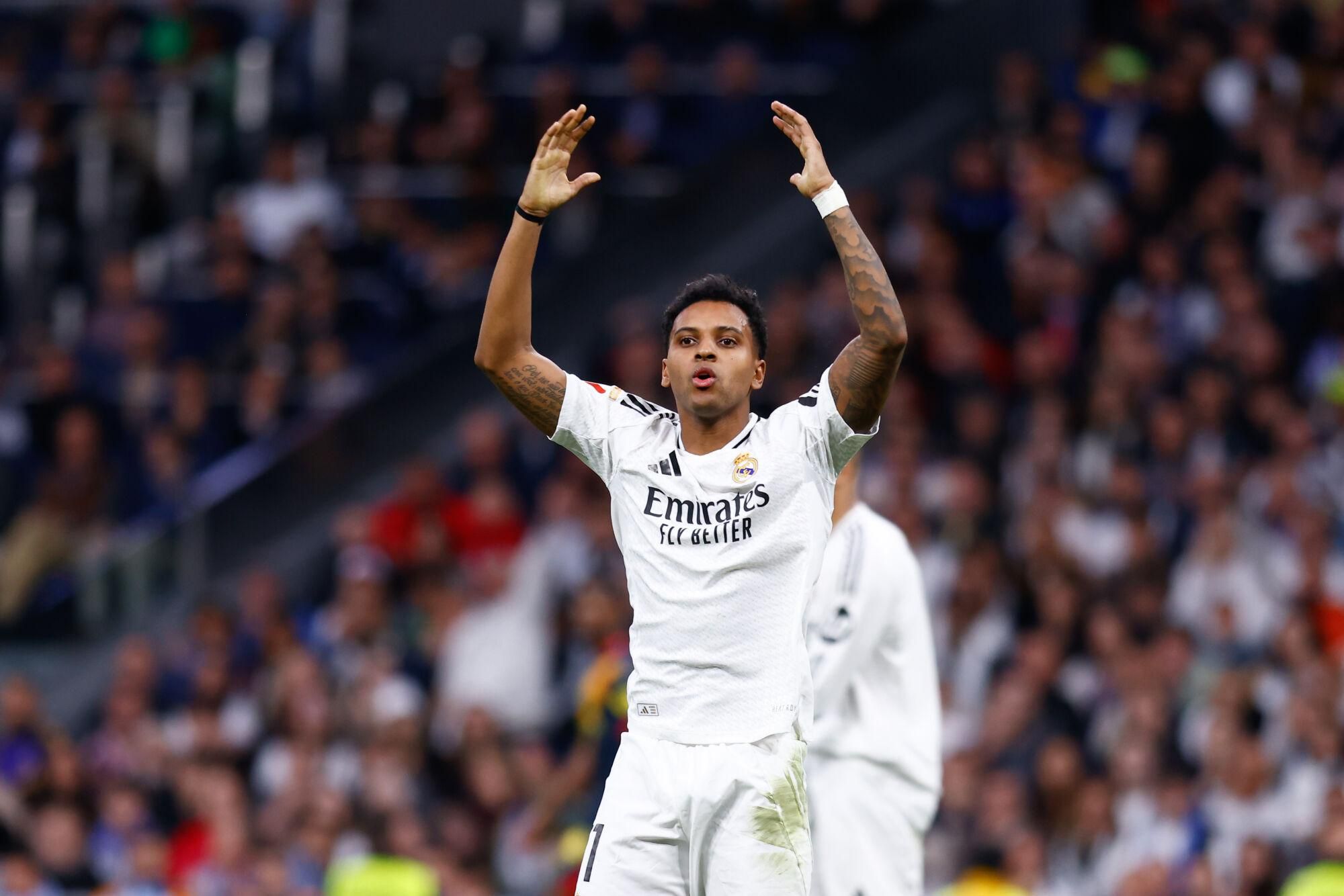 Rodrygo Goes of Real Madrid protests during the Spanish League, LaLiga EA Sports, football match played between Real Madrid and Girona FC at Santiago Bernabeu stadium on February 23, 2025, in Madrid, Spain. AFP7 23/02/2025 ONLY FOR USE IN SPAIN. Dennis Agyeman / AFP7 / Europa Press;2025;SPAIN;SPORT;ZSPORT;SOCCER;ZSOCCER;Real Madrid v Girona FC - LaLiga EA Sports;