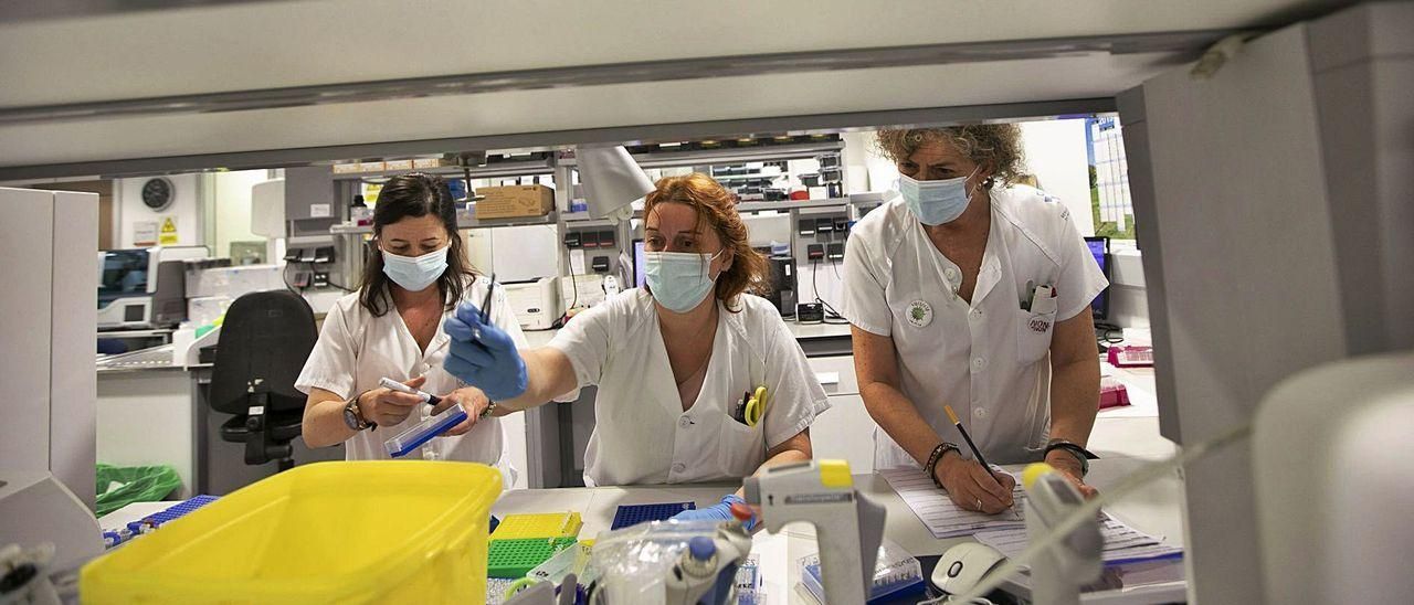 De izquierda a derecha, Ana Isabel Fidalgo, Isabel Cuevas y María José Ferrero, técnicas del laboratorio de Virología del HUCA, en una imagen de archivo. | Miki López