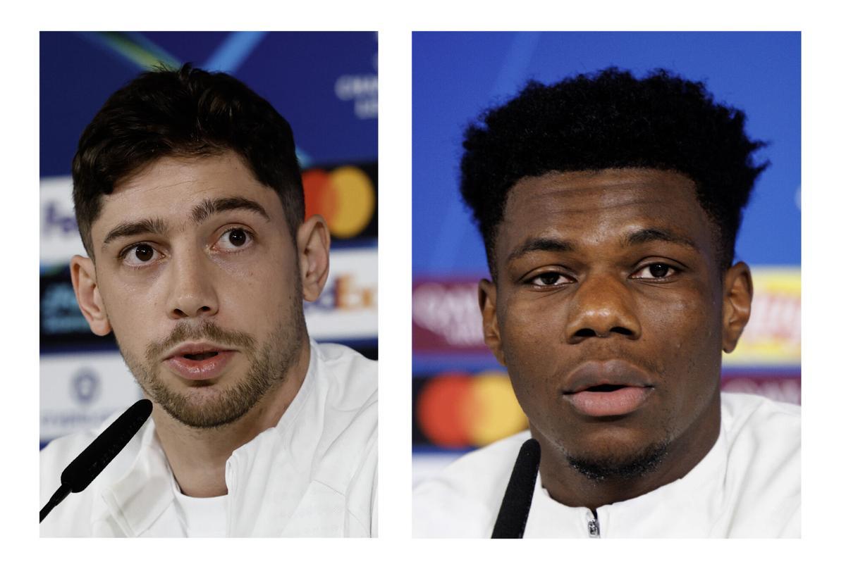 Combo de imágenes de archivo de los jugadores del Real Madrid Federico Valverde (izda) y Aurélien Tchouamén, durante una rueda de prensa. El Real Madrid anunció esta tarde que ha impuesto una sanción económica a Valverde y Tchouameni por el enfrentamiento que ambos tuvieron en el vestuario de la ciudad deportiva de Valdebebas. EFE/Chema Moya - Sergio Pérez. (Real Madrid) (Athletic Bilbao)