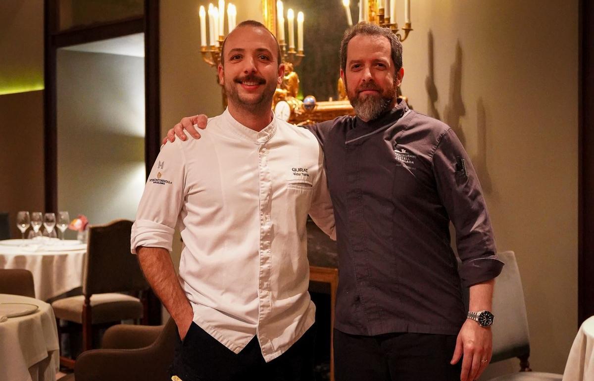 Els cuiners Víctor Torres i Javi Martínez al menjador del restaurant Castell Perelada, diumenge a la nit.