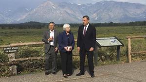 Janet Yellen (Reserva Federal), Mario Draghi(BCE) y Haruhiko Kuroda (Banco de Japón),en el reciente encuentro de Jackson Hole.