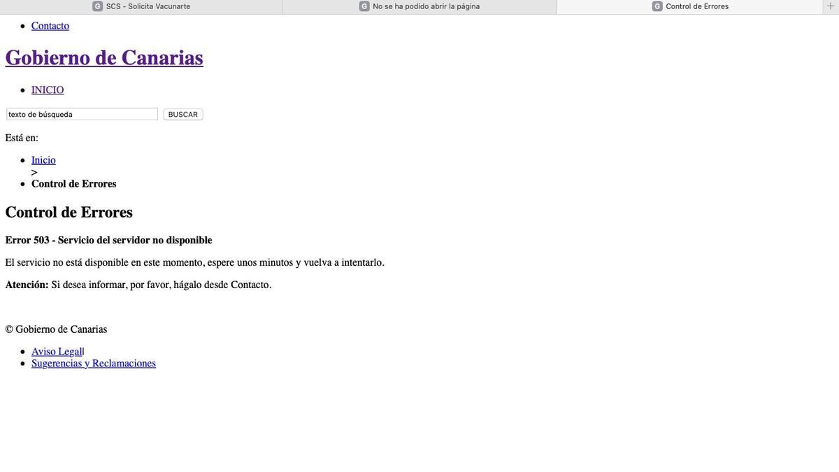 Página de error con la que se han encontrado miles de canarios tras introducir todos sus datos.
