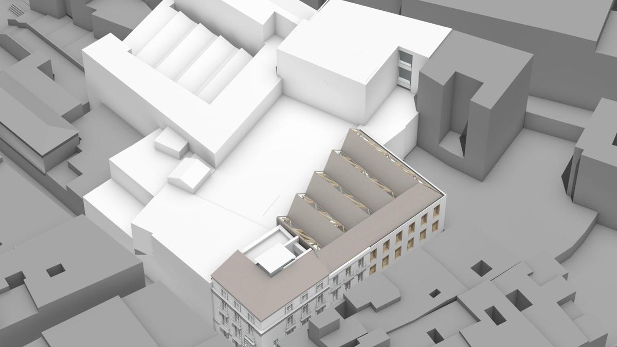 Infografía con una vista aérea de la futura ampliación del centro cultural MVA en calle Ollerías.