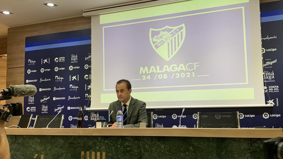 José María Muñoz, en la sala de prensa de La Rosaleda.