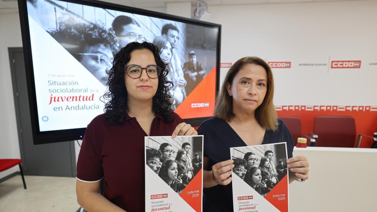 La responsable de Juventud CCOO Andalucía, María Núñez junto a la secretaria de Empleo, Trinidad Gallardo en la presentación del Informe Anual de este año.