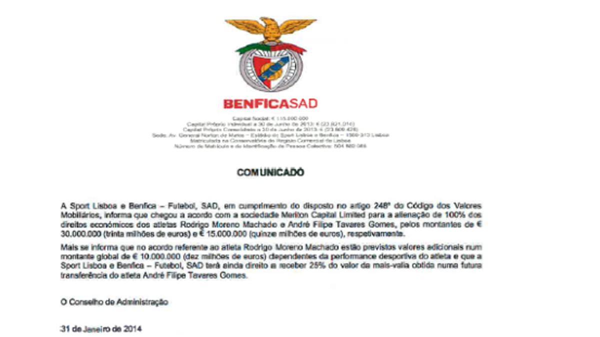 Comunicado del Benfica por doble traspaso al Valencia