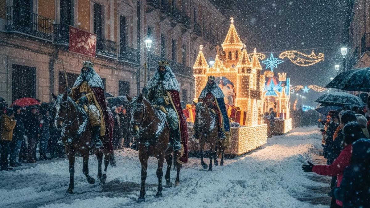 Recreación de una cabalgata de reyes afectada por la nieve.