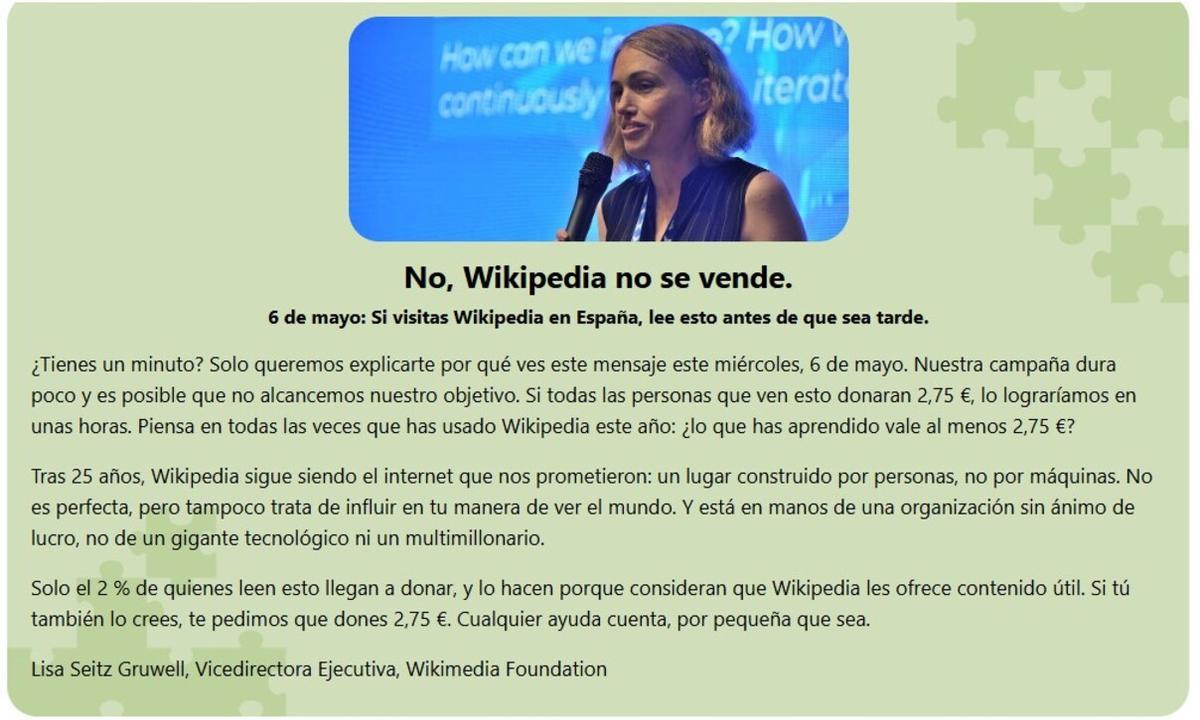 El aviso en España de la Wikipedia.