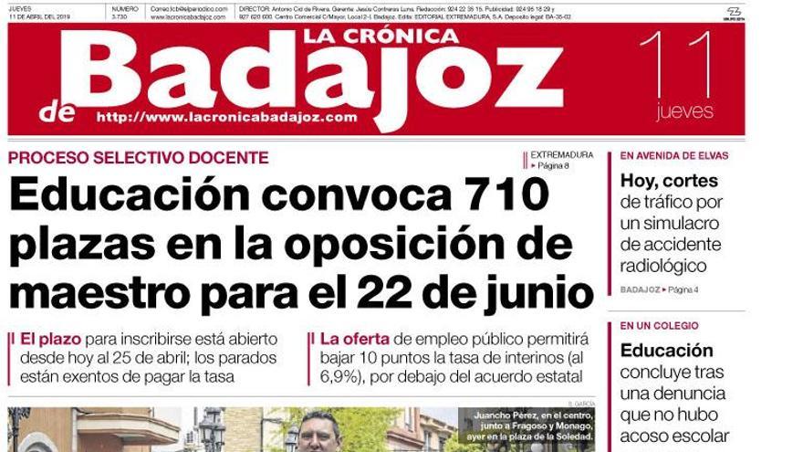 Esta es la portada de LA CRÓNICA DE BADAJOZ correspondiente al día 11 de abril del 2019