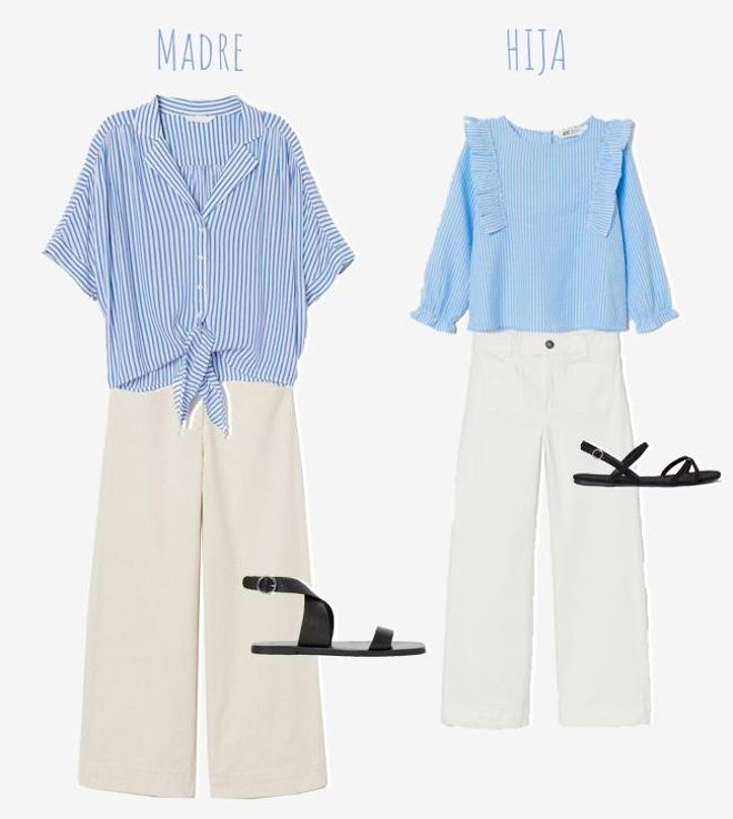 Look de blusa, pantalón blanco y sandalias planas para madres e hijas, de H&M