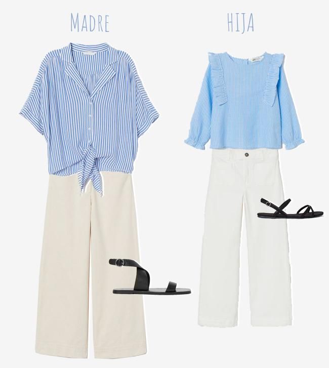 Look de blusa, pantalón blanco y sandalias planas para madres e hijas, de H&M
