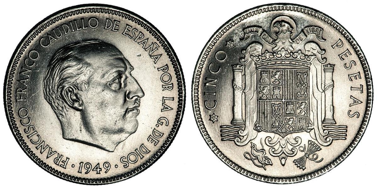 Una moneda de cinco pesetas del año 1949