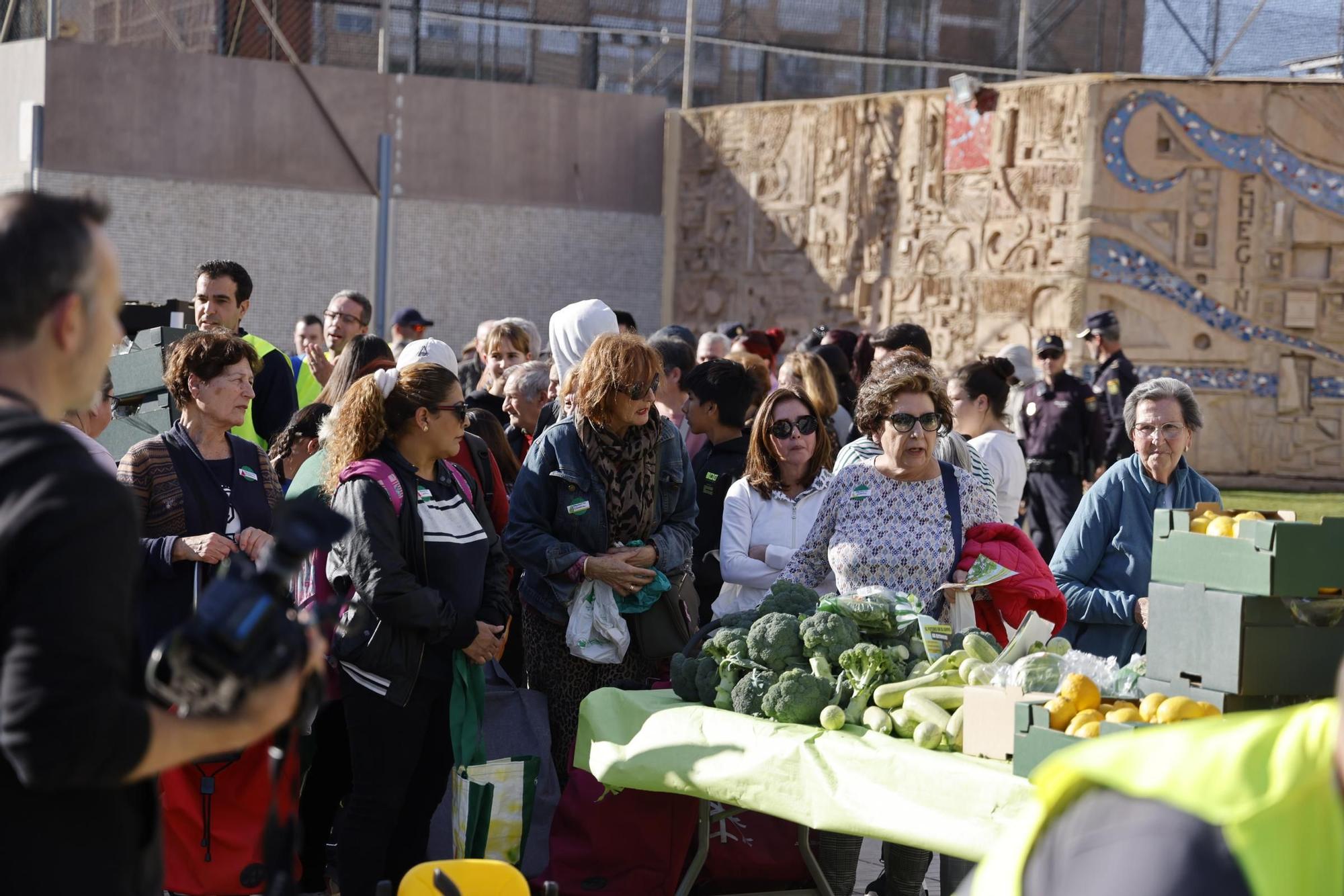 Las imágenes del plante de los agricultores frente a la Asamblea, donde han repartido frutas y hortalizas