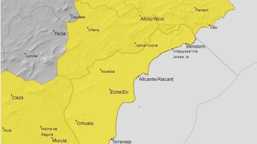 La provincia de Alicante, en riesgo amarillo por fuertes lluvias según muestra el mapa de la AEMET.