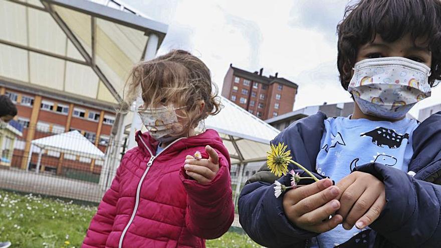 Daniela y Manuel Vahamonde recogen flores del patio del colegio del Quirinal. | R. Solís