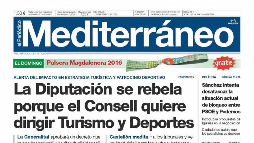 La Diputación se rebela porque el Consell quiere dirigir Turismo y Deportes, en la portada de Mediterráneo