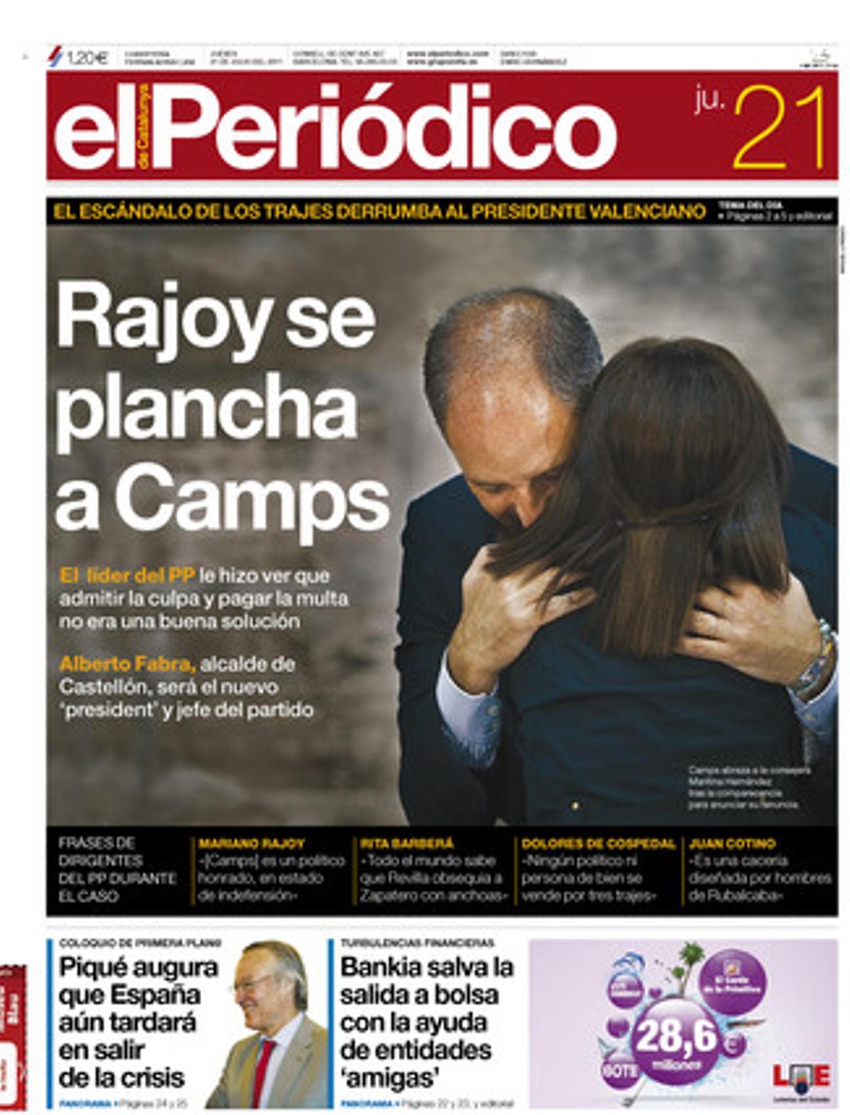 Camps dice que pagó trajes con el dinero de su mujer. Portada publicada el 27 de julio del 2011.