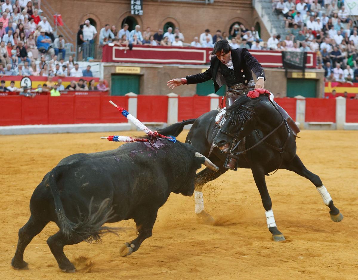 El rejoneador, en plena faena.