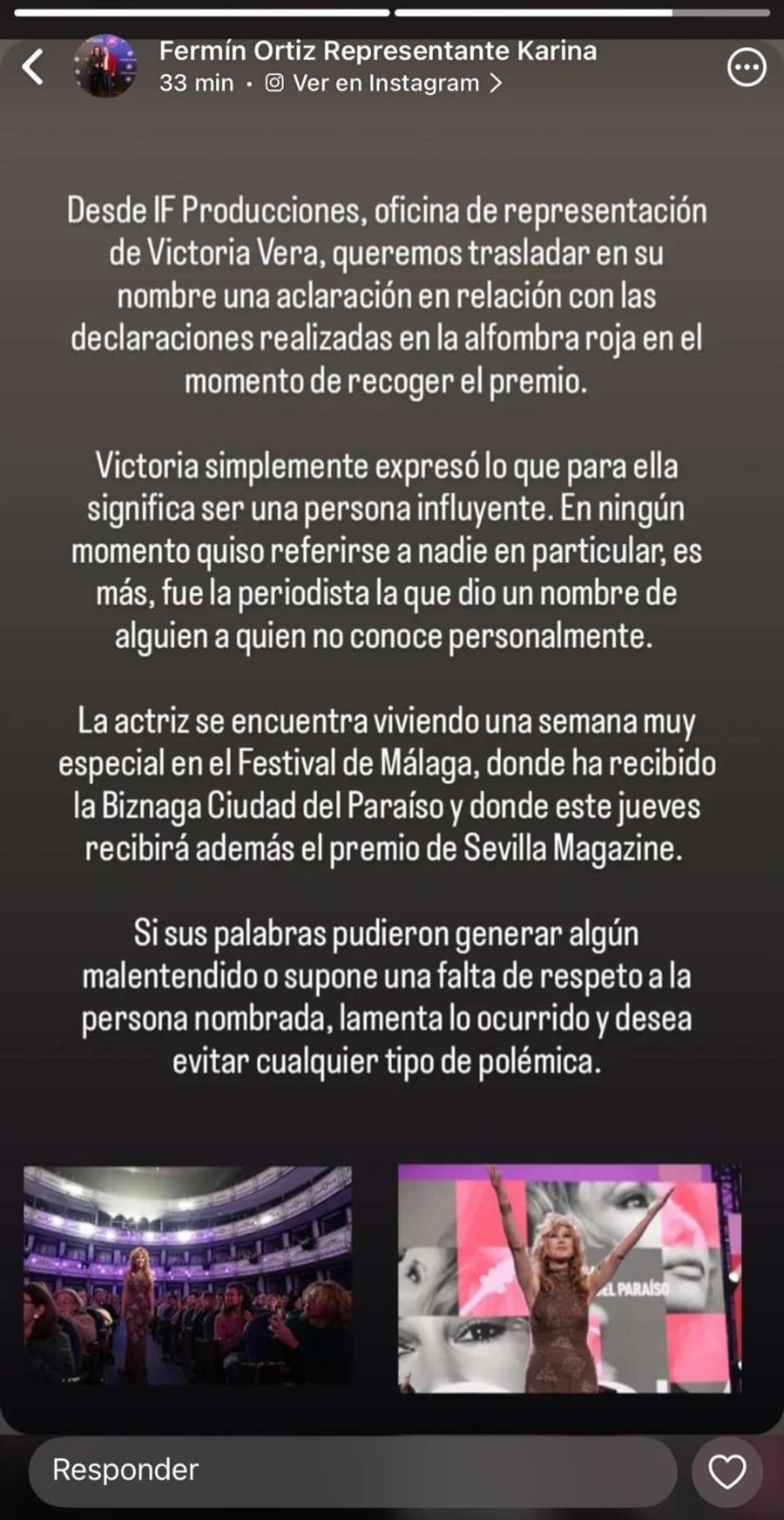 Comunicado de la oficina de representación de Victoria Vera