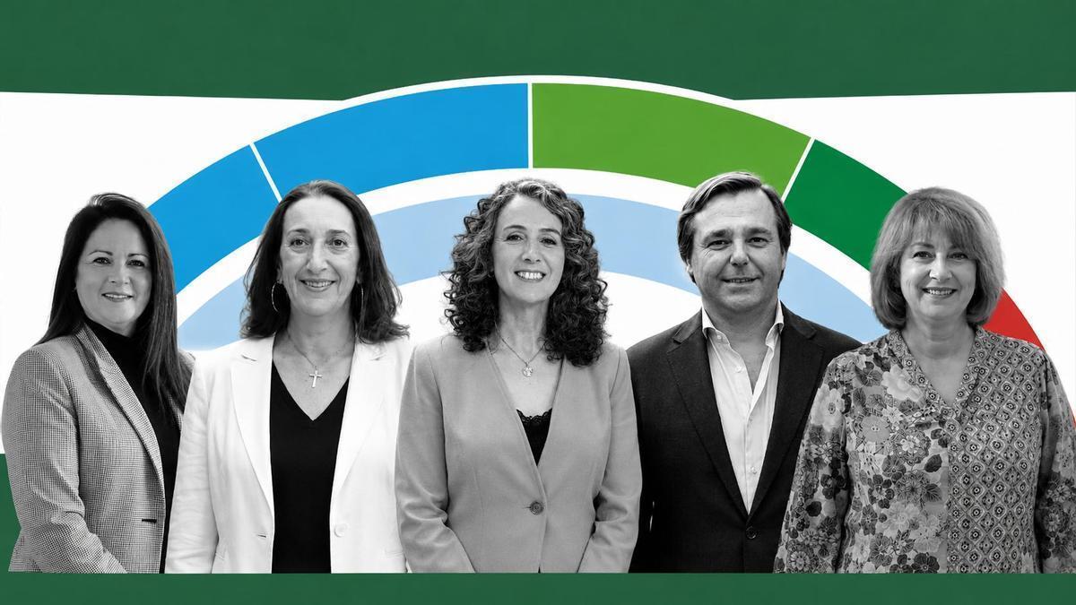 Silvia Mellado (PSOE-A), Paula Badanelli (Vox), Rosa Rodríguez (Por Andalucía), Antonio Repullo (PP-A) y Mariví Serrano (Adelante Andalucía), candidatos por Córdoba al Parlamento de Andalucía.