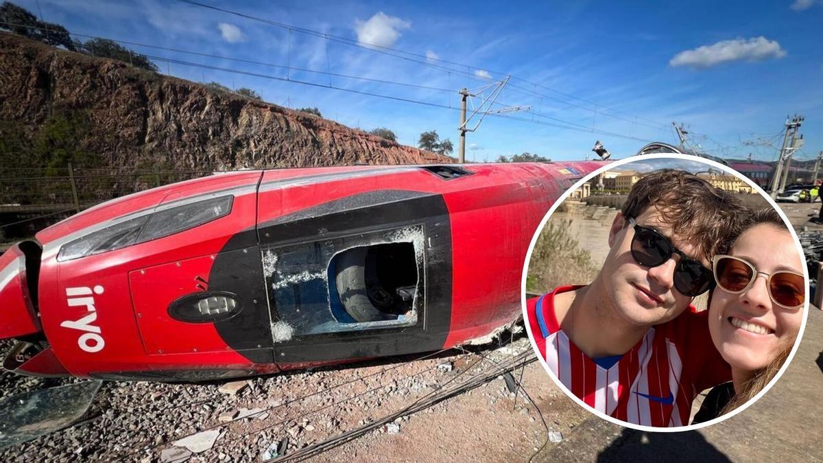 Uno de los trenes que descarriló en Córdoba y, en el círculo, Sergio Gómez y María Porras