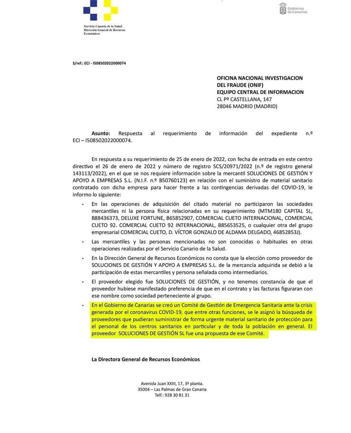Documento de la Dirección General de Recursos Económicos del SCS que confirma que la propuesta de contactar con Soluciones de Gestión parte del Comité de Emergencia Sanitaria que presidía Torres.