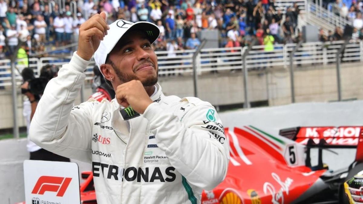 El piloto británico Lewis Hamilton (Mercedes) celebra su décima 'pole' del año en Brasil.