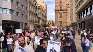 Vista de la protesta por el centro de Málaga contra la especulación urbanística.