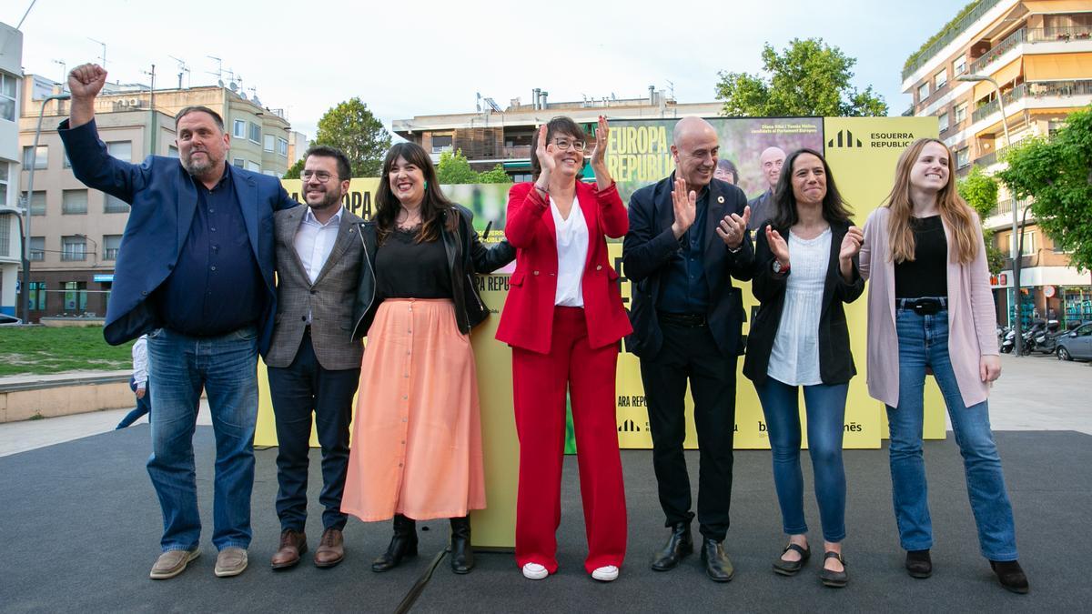 Imagen del primer mitin de ERC en la campaña europea, con Junqueras y Aragonès.