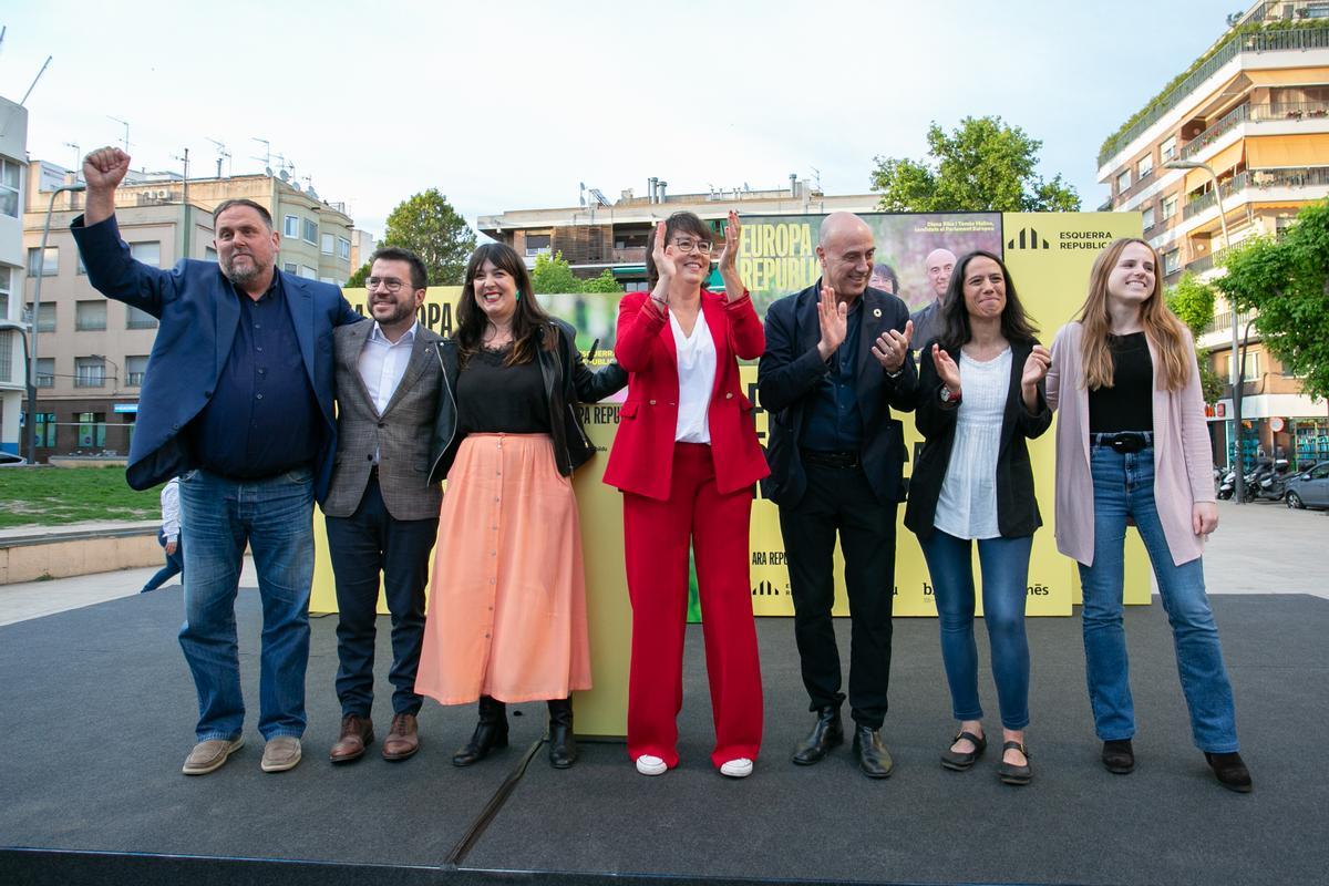 Imagen del primer mitin de ERC en la campaña europea, con Junqueras y Aragonès.
