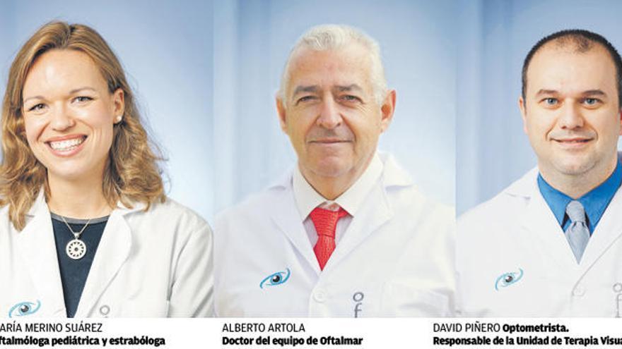 María Merino Suárez (Oftalmóloga pediátrica y estrabóloga), Alberto Artola (Doctor del equipo de Oftalmar) y David Piñero (Optometrista. Responsable de la Unidad de Terapia Visual)