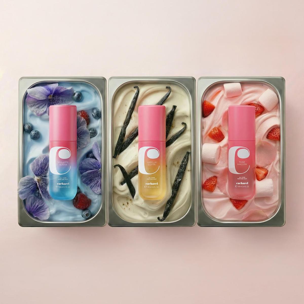 Los tres aromas diferentes de Yummy Mist: Violette Sugar, Vanilla Cotta y Rose Mallow