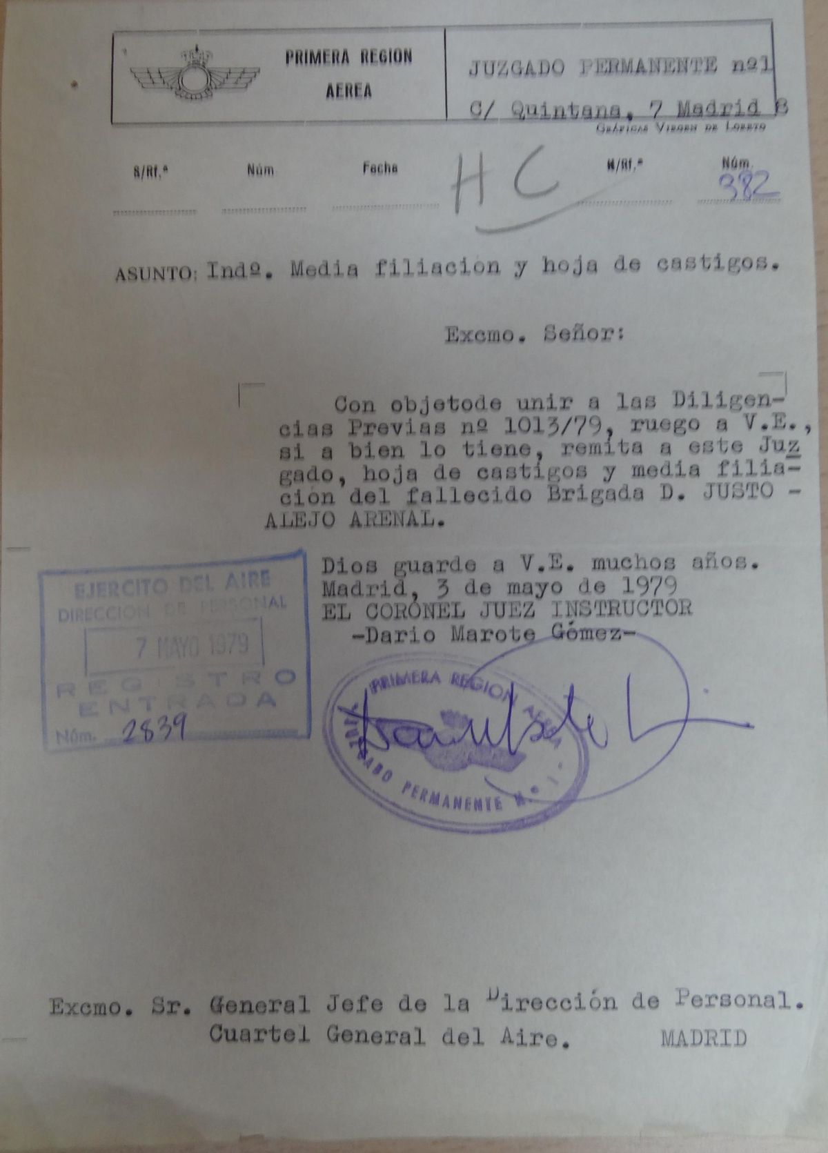 Oficio cursado por el Juez militar encargado de instruir las diligencias por la muerte de Justo Alejo al General Jefe de la División de Personal del Cuartel General del Aire