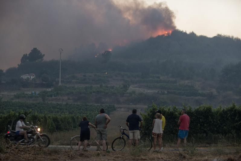 Varios vecinos observan las llamas en un incendio en el concello de Monterrei en 2017.
