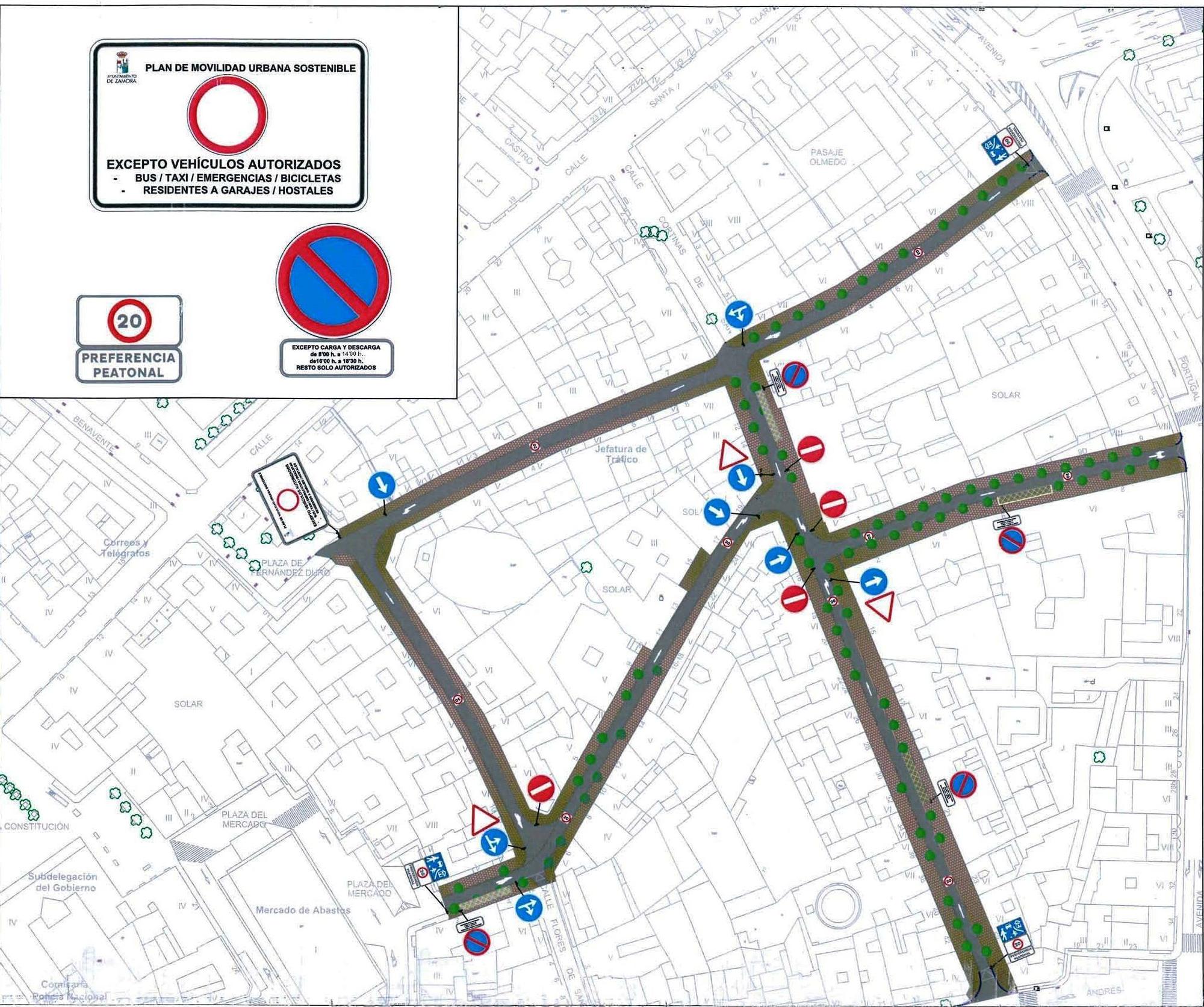 Plano con las nuevas zonas de carga y descarga en Zamora.