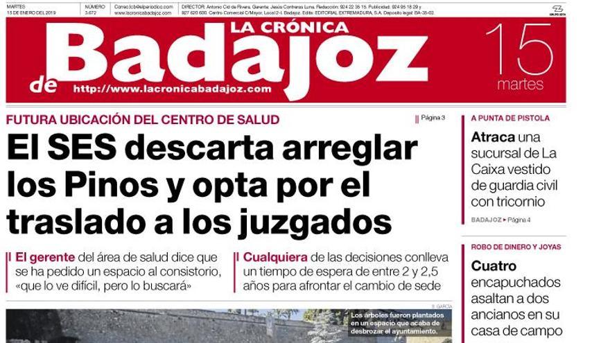 Esta es la portada de LA CRÓNICA DE BADAJOZ correspondiente al día 15 de enero del 2019